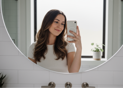 Generate an image of a girl in her 20's who is in her bathroom and taking a selfie. Make it look realistic