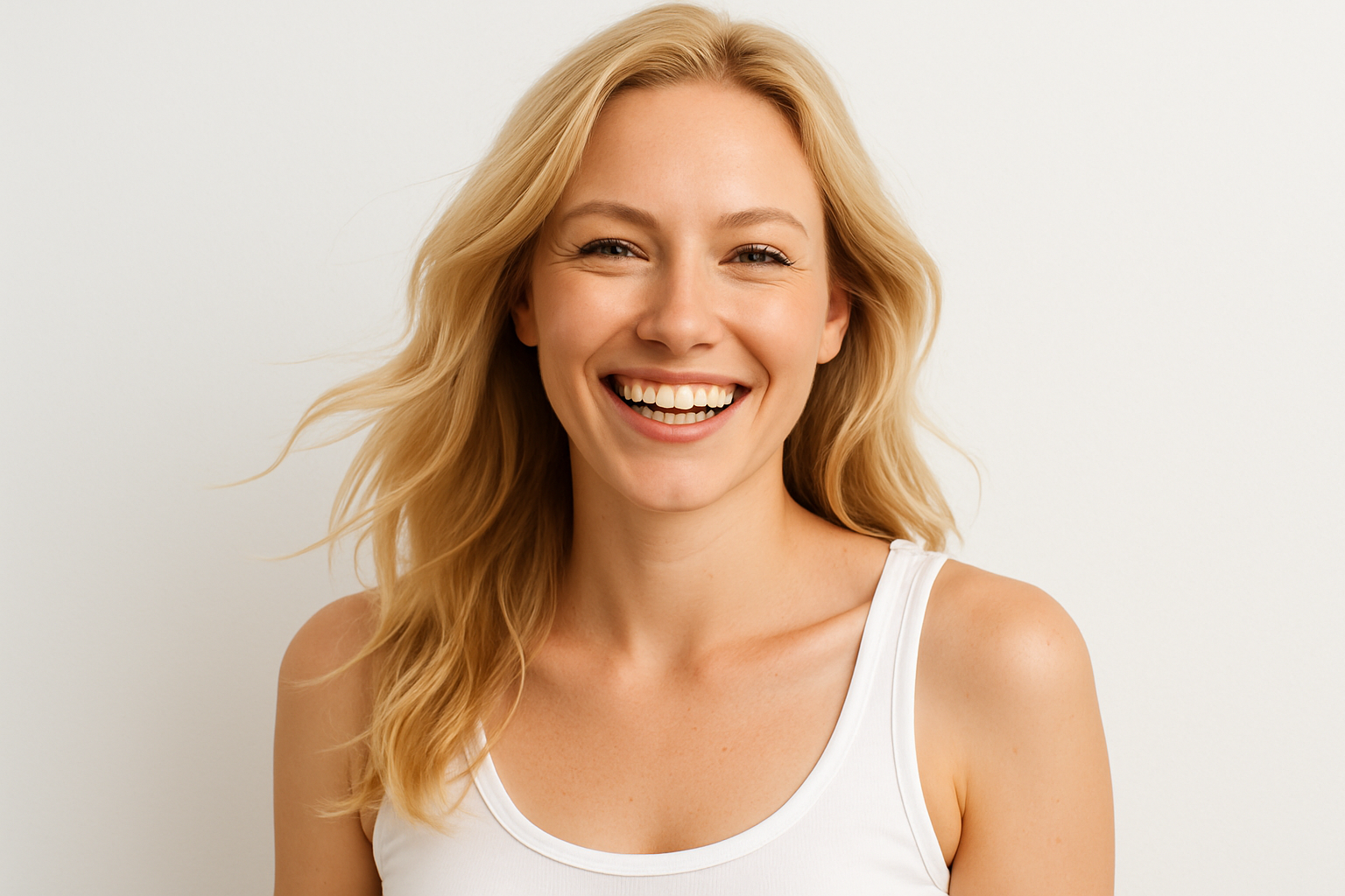Generate an image of a very attractive blonde woman.
She is happy.
The background is white and she has a white singlet on.
The picture is taken from the chest up.
