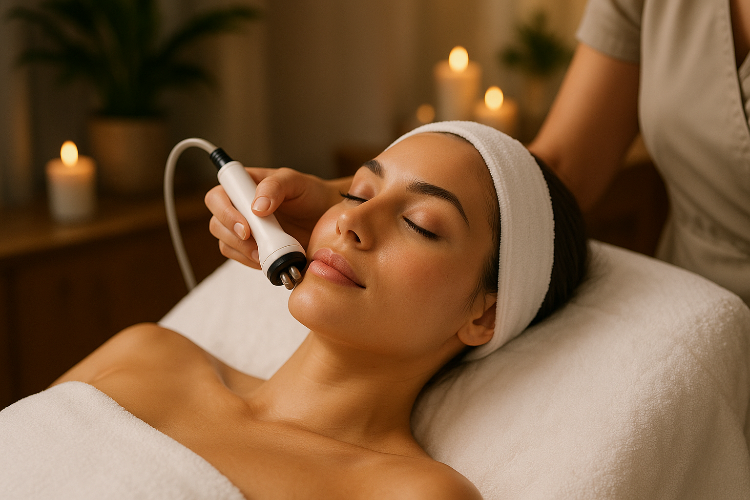 Generate me a model using Radio Frequency on her skin in a spa.
She is lying down receiving the treatment on her face.

She is an attractive model
Make her as lifelike as possible